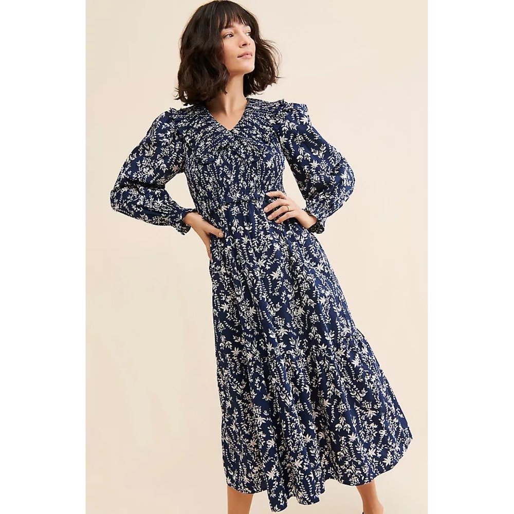 Moon River Navy Floral Smocked Midi Dress Ruffle Collar Puff Sleeve XS